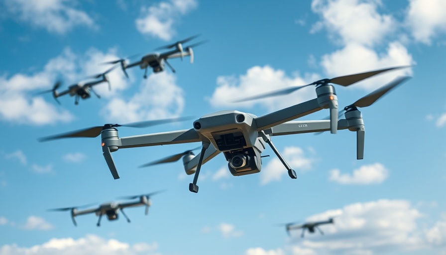 Military drones in flight against cloudy sky.