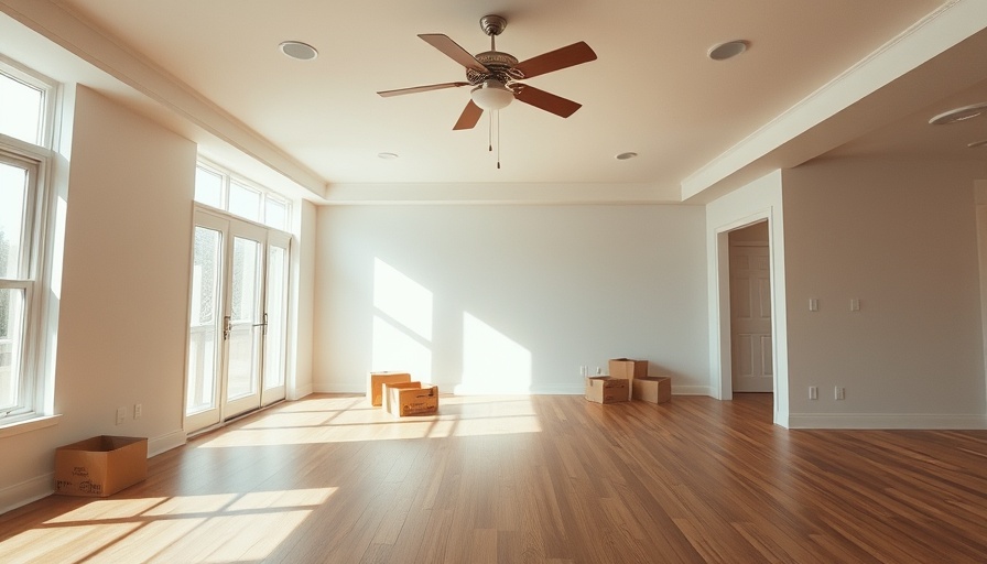 Bright unfurnished living room with ceiling fan for home searching, 2025.