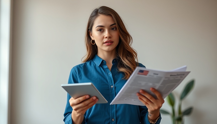 Young woman in blue blouse explaining toothpaste ingredients.