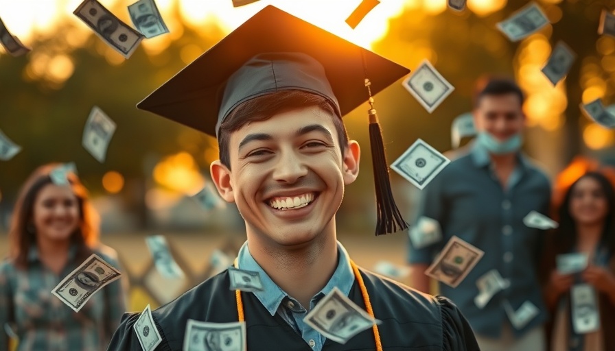 Smiling graduate with dollar bills, income limit college scholarships.
