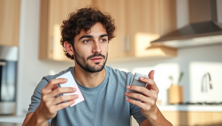 Young man holding eye drop box, discussing best eye drop for red eyes indoors.