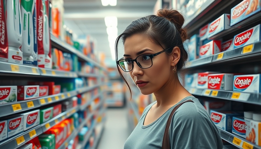 Confused shopper exploring the best whitening toothpaste options in a supermarket.