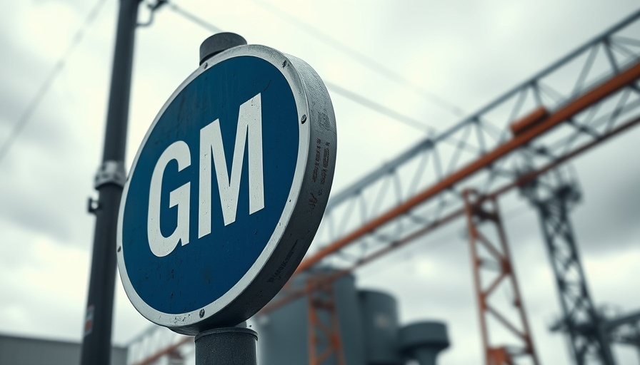 GM sign with certification stickers amid cloudy backdrop.