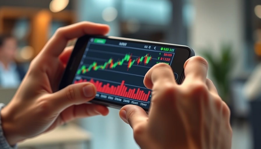 Hand holding smartphone with stock chart app, illustrating AI in investing.