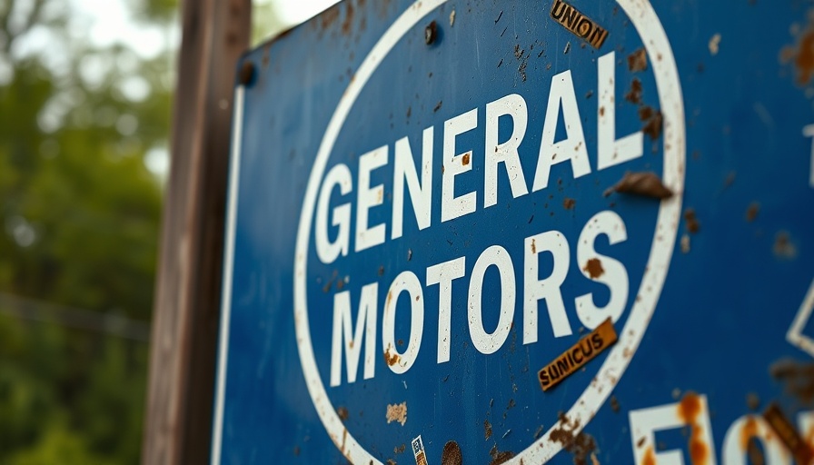 General Motors logo sign with union stickers; General Motors 2025 guidance tariff impact context.