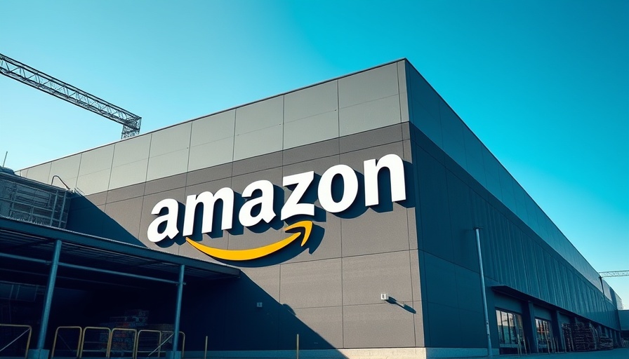 Large Amazon logo on warehouse, trade war impact on profits.