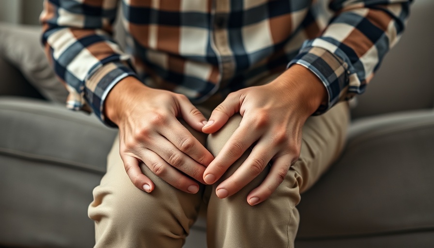 Hands on knee depicting discomfort, highlighting Arthritis Awareness Month.