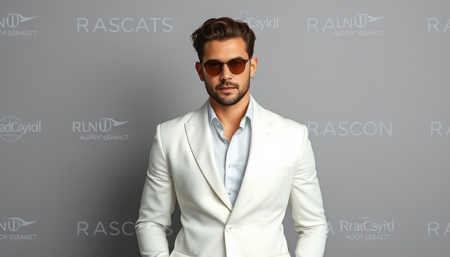 Stylish man confidently posing in white suit, grey backdrop