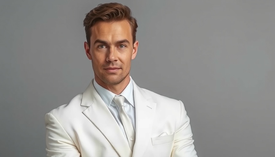 Focused man in white suit during event with gray background.