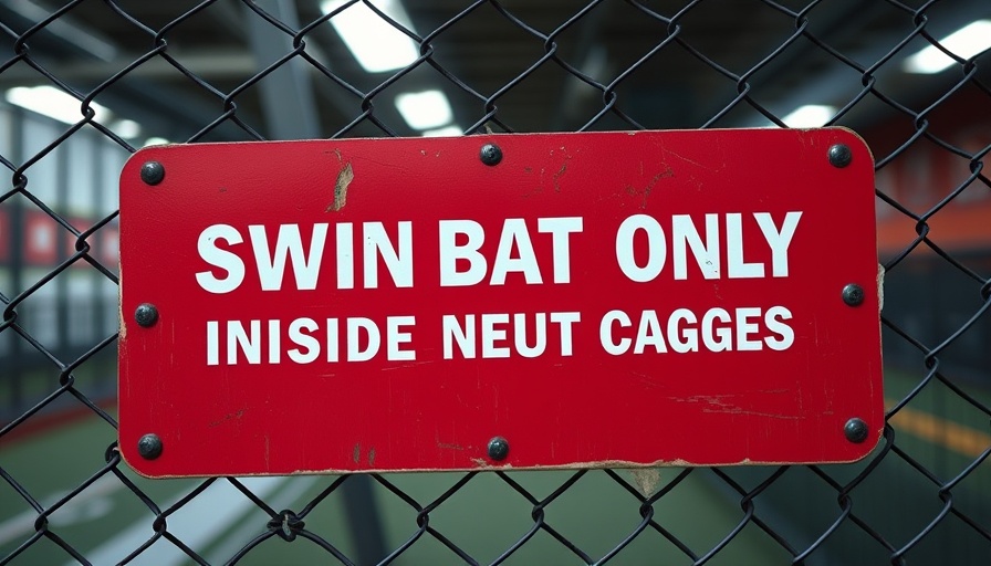Sign at Community Support Baseball Academy batting cages.