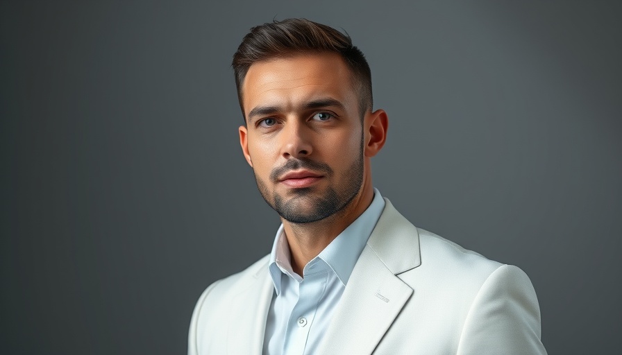 Man in white suit, neutral expression on gray background.