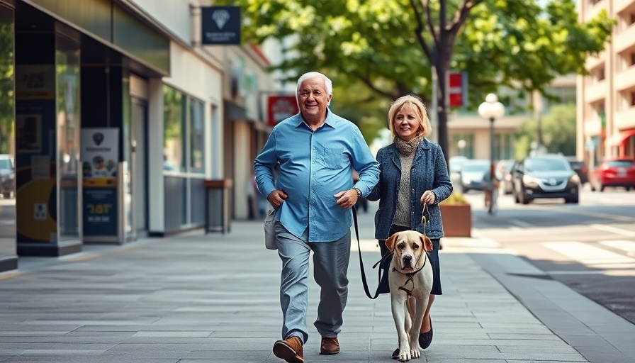 Rates of blindness increasing: couple with guide dog on city sidewalk.