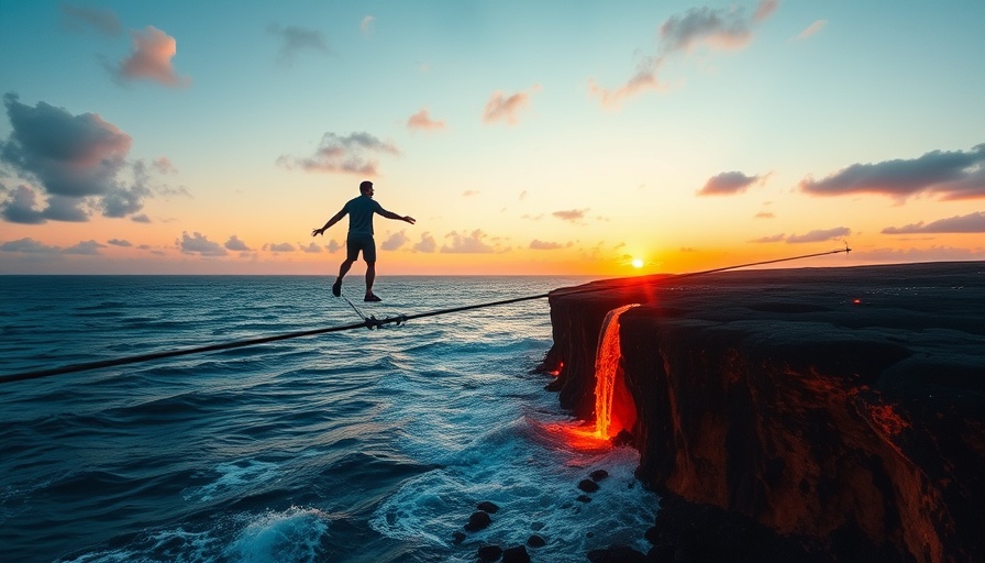 Recession Impact on Early Retirees depicted as a man tightroping over ocean by lava.