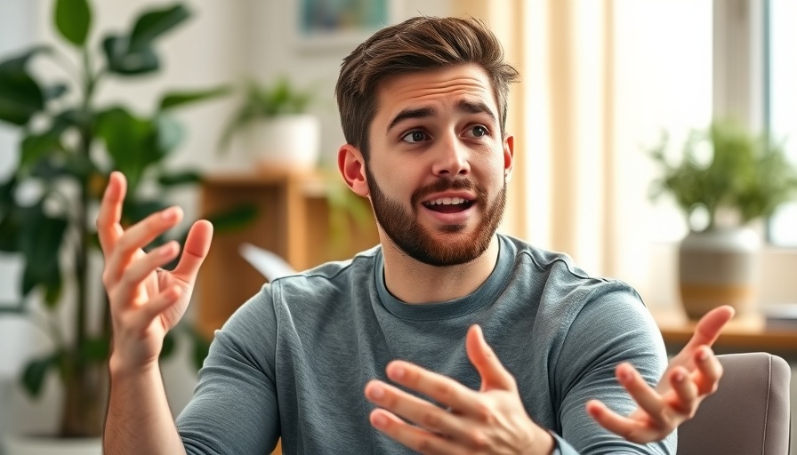 Enthusiastic young man explaining with hand gestures, natural light.