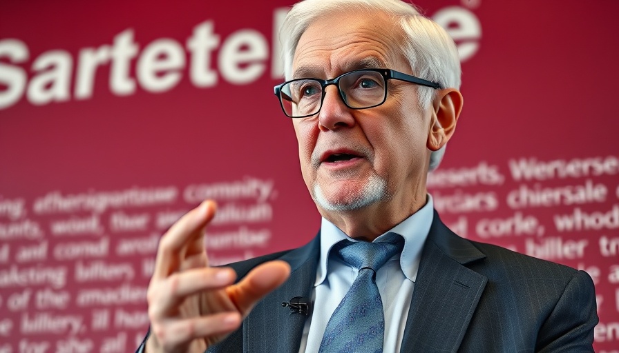Elderly man gesturing during speech against maroon backdrop.