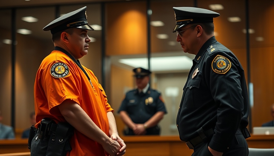 Courtroom scene with officers and a handcuffed man in orange.