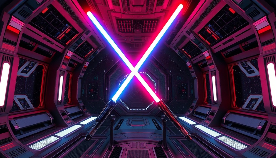 Star Wars themed lightsaber scene in space.