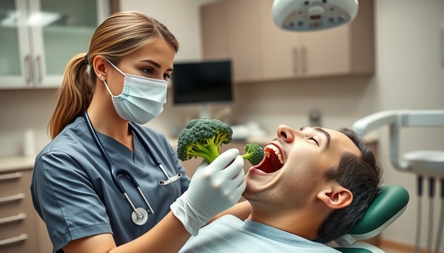 Dentist showing oral hygiene importance with broccoli in clinic.