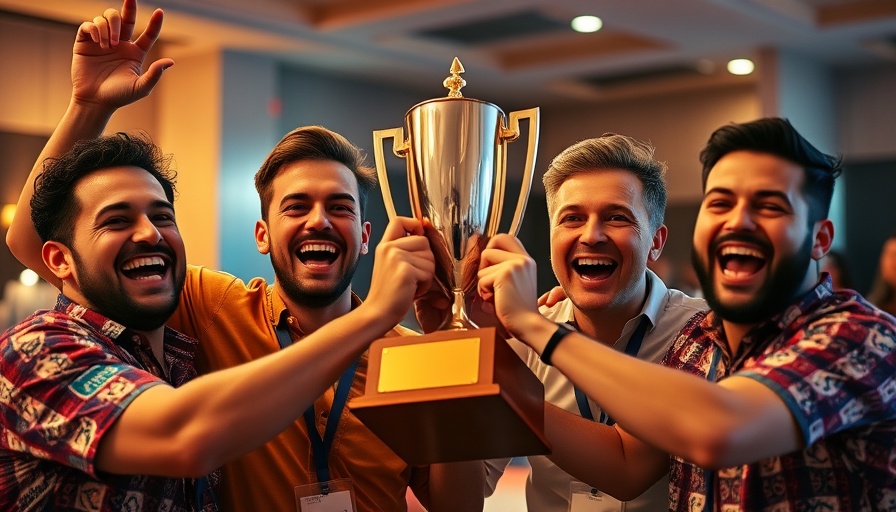 Four men smiling with trophy, celebrating charity boat racers' success.