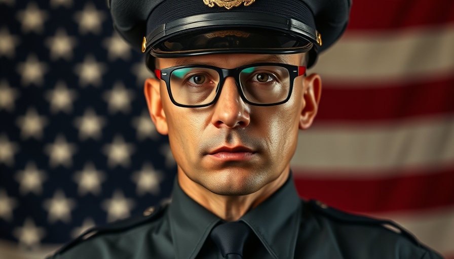 Deputy Larry Henderson solemn portrait with flag background.