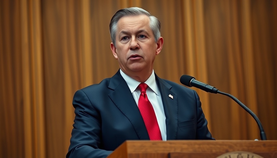 Man in navy suit at podium for Trump 2028 presidential run.