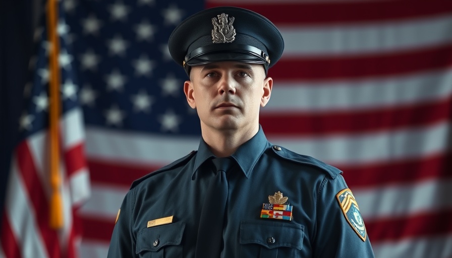 Portrait of police officer in uniform with American flag background.