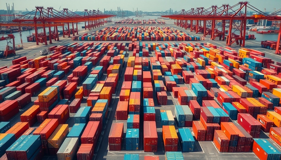Container yard with multicolored shipping containers at a busy port.