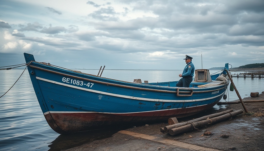 California boat capsizes migrant incident, stranded blue boat on shore.