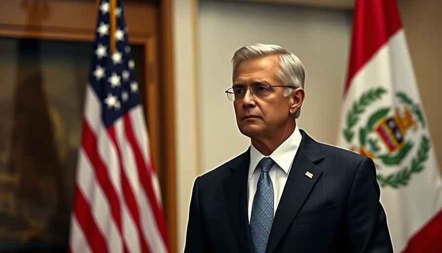 Distinguished man at formal event with U.S. and Peruvian flags.