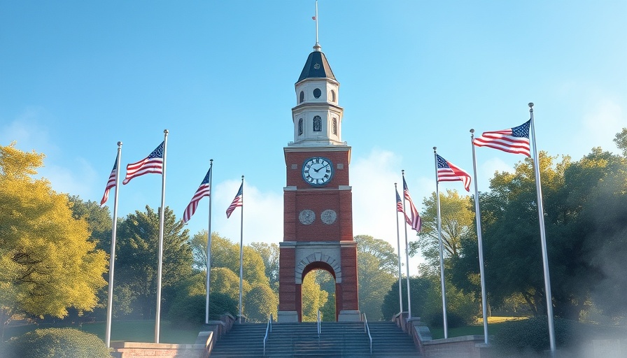 Colerain Veterans Memorial depiction with flags and clock tower.