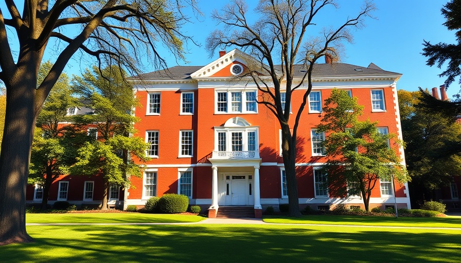 Harvard University building facade with trees in front.