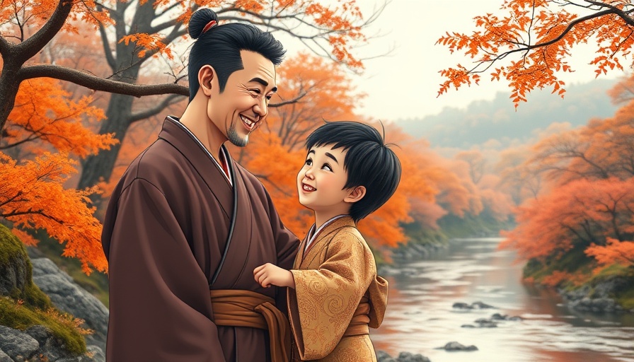 Father and son in autumn setting, reflecting connection.