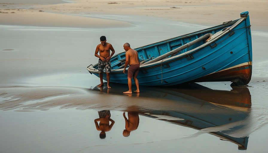 Migrant boat capsized with life jackets on sandy beach.