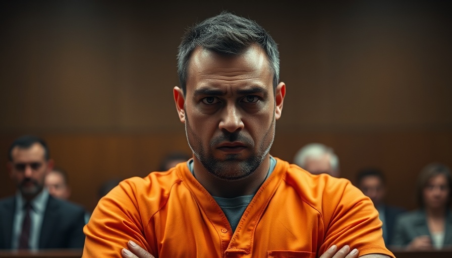 Man in orange uniform held by supporter in courtroom.