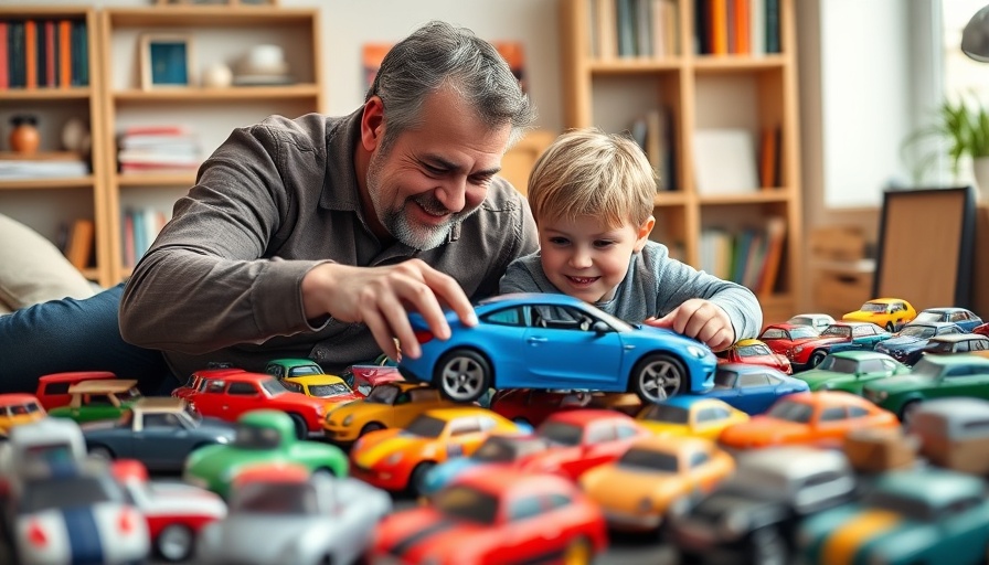 Father and son examining toy car collection, maximizing collectible profits.