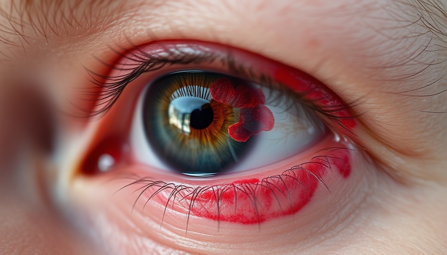 Close-up of an inflamed human eye with redness, reflecting light.