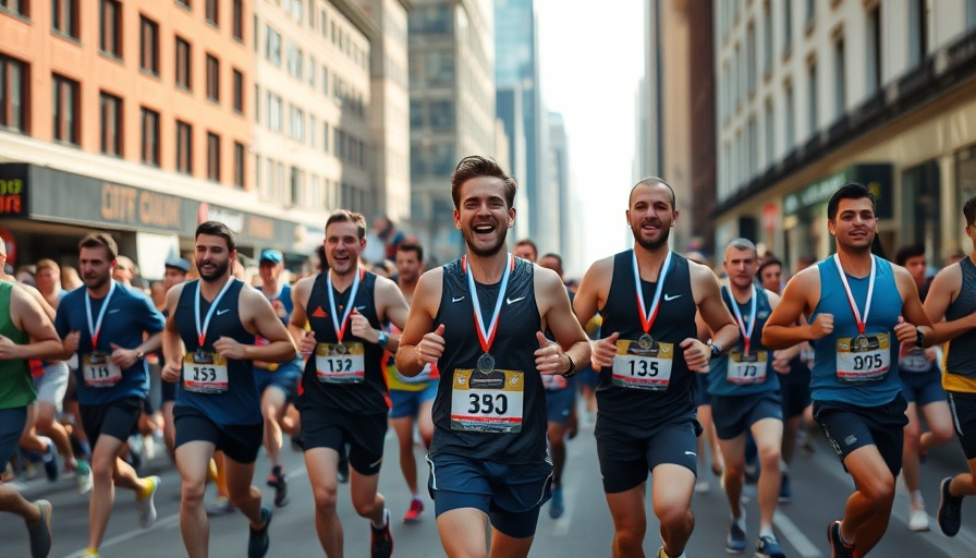 Runners celebrating mental health benefits at a marathon