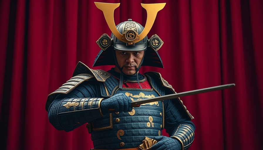 Regal samurai warrior in ornate armor against a crimson curtain backdrop, Millionaire Milestones Book.