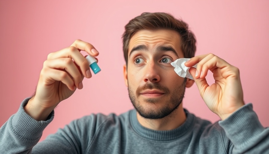 Best eye allergy relief at home: young man using eye drops.