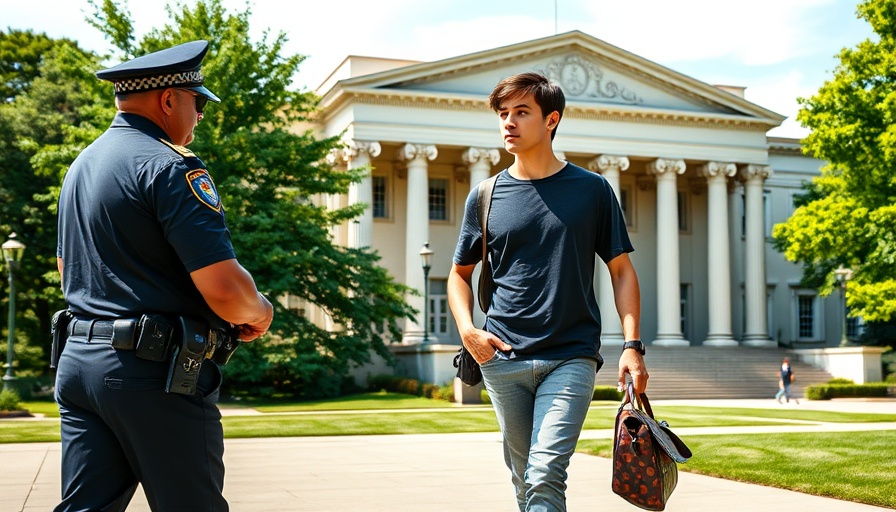 Columbia University safety concerns image, young man with bag and officer nearby.