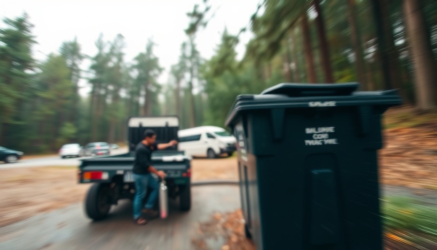 Blurry outdoor scene with dumpster and person on ground under trees.