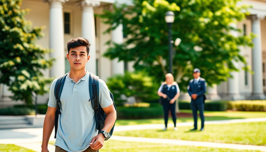 Columbia University campus with student and security officer, potential protest preparedness.