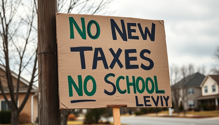 Protest sign about Ohio school levies funding in suburban neighborhood.
