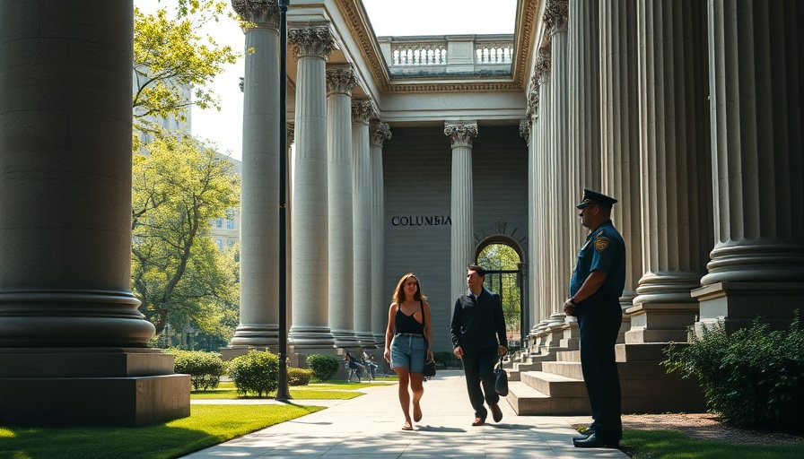Columbia University campus with safety presence and serene environment.