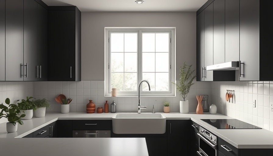 Modern kitchen remodel with dark cabinets and light countertops.