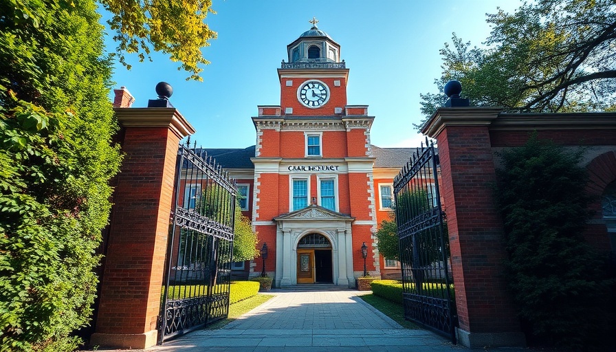 Newport school district offices, entrance view with gates open, sunny.
