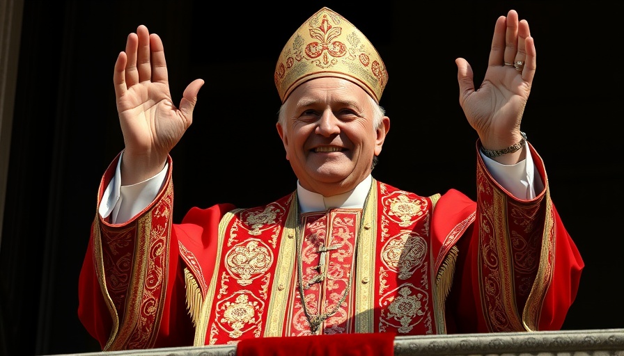 Elderly man in ornate papal robes smiling with hands raised, First American Pope.