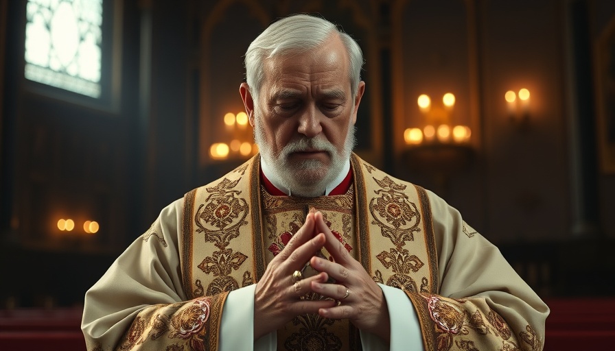 Elderly clergyman praying in ornate robes, dim interior, photorealistic.