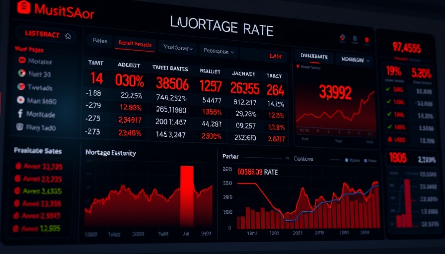 Financial dashboard showing mortgage rates fluctuation in red and black theme.