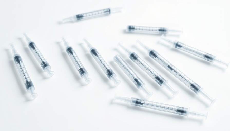 Medical syringes and injectors on white surface, drug trafficking context